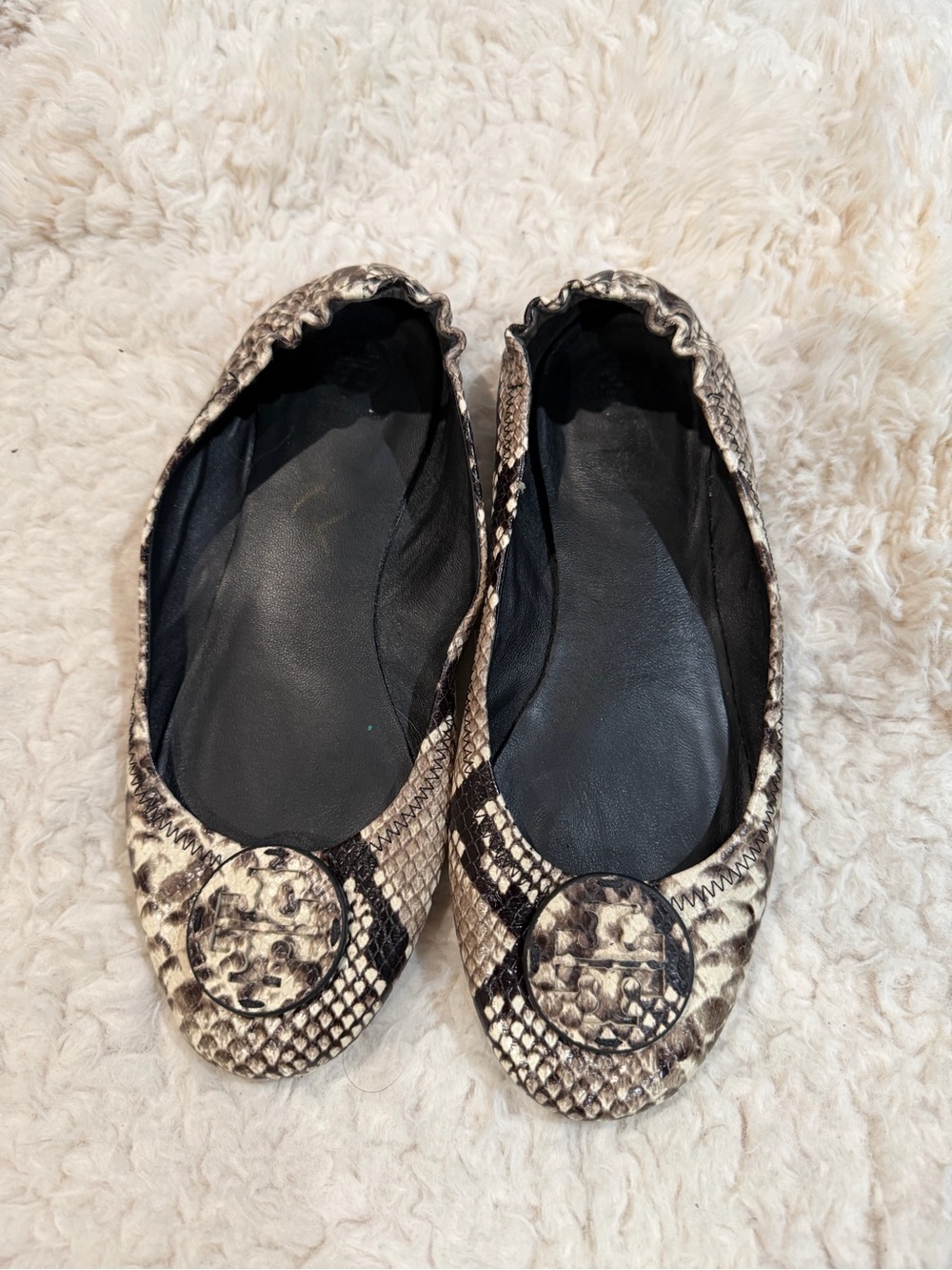 Tory Burch Snake-Print Ballet Flats in Cream and Black